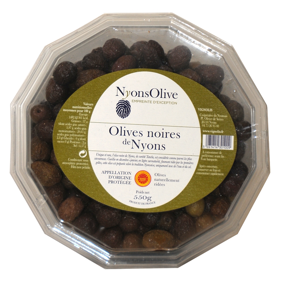 Schwarze Oliven aus Nyons im Körbchen, 550 g