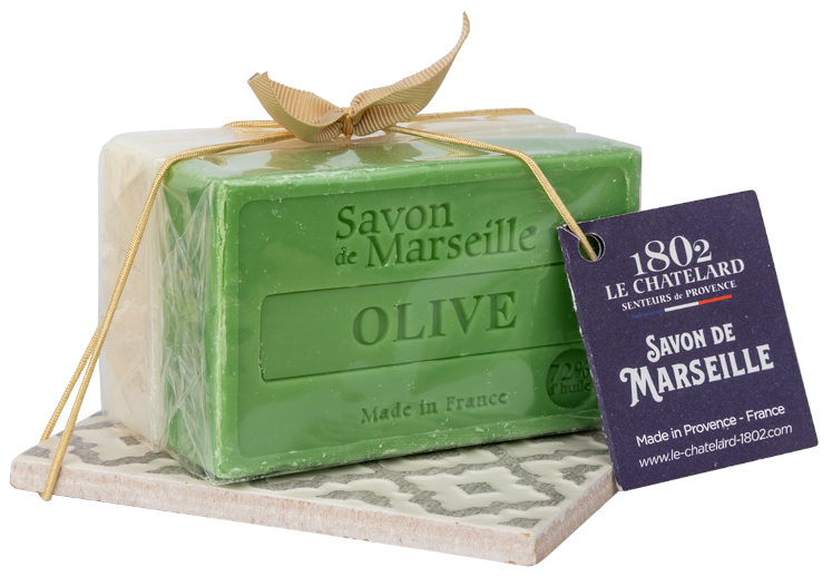 Seifenschale Fliese mit Savon de Marseille "Olive & Eselsmilch"